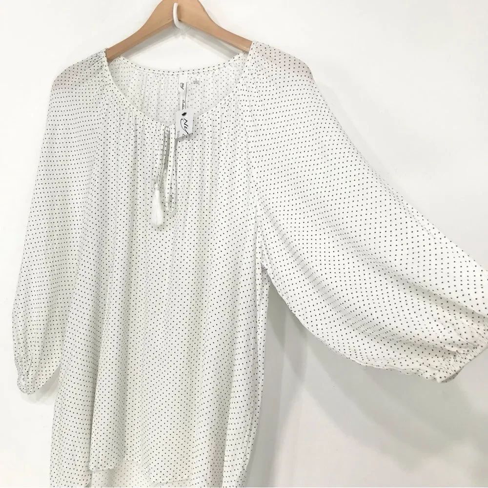 NY Collection White Black Micro Polka Dot Tie Neck Tunic Blouse NEW